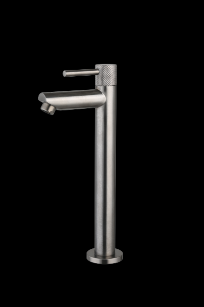 Fonteinkraan hoog rond Gun Metal met geribbeld knop