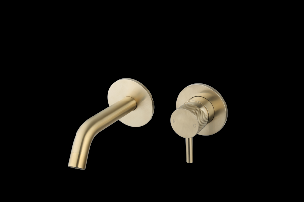 Wastafelmengkraan inbouw met box rond Goud Geborsteld met geribbeld knop