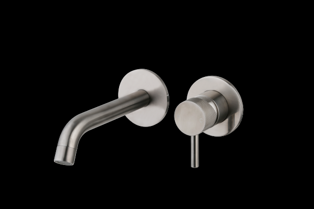 Wastafelmengkraan inbouw met box rond Gun Metal met geribbeld knop