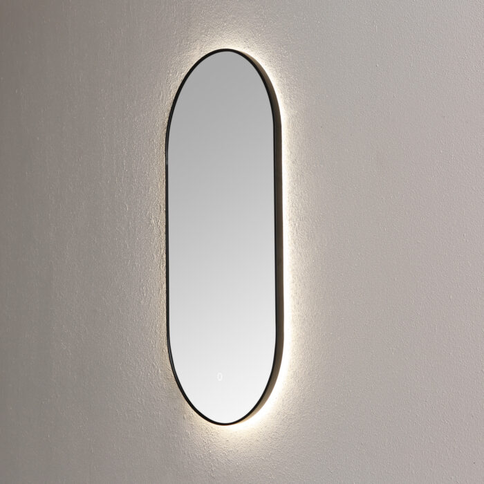 Spiegel ambiance ovaal Mat Zwart met indirecte LED verlichting, 3 kleur instelbaar & dimbaar