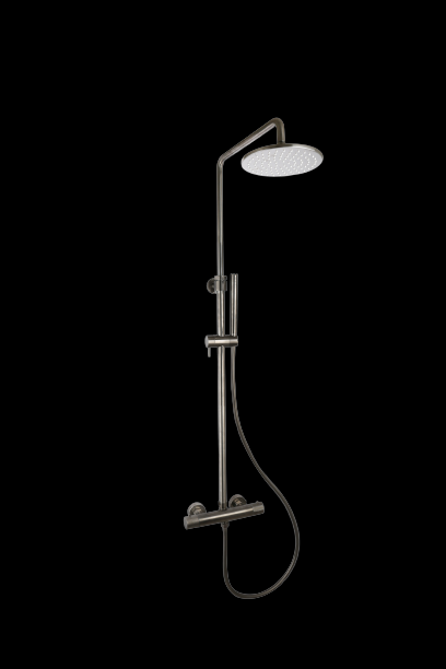 Doucheset thermostatisch (in hoogte verstelbaar) rond Gun Metal met geribbeld knop douchekop 25 cm