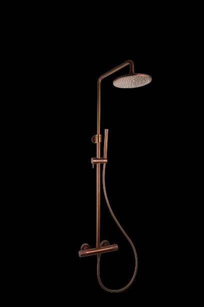 Doucheset thermostatisch (in hoogte verstelbaar) rond Brons met geribbeld knop douchekop 30 cm