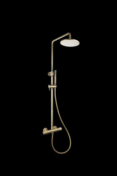 Doucheset thermostatisch (in hoogte verstelbaar) rond Goud Geborsteld met geribbeld knop douchekop 25 cm
