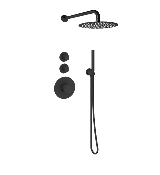 Doucheset inbouw deluxe met box thermostaat, muurbevestiging / douchekop 25 cm rond Mat Zwart met geribbeld knop