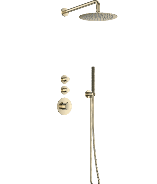 Doucheset inbouw deluxe met box thermostaat, muurbevestiging / douchekop 25 cm rond Goud Geborsteld
