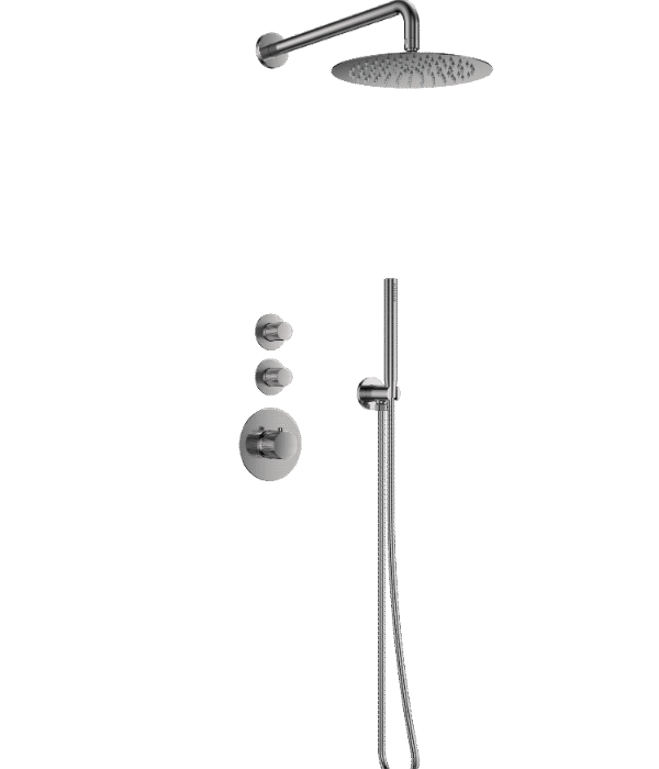 Doucheset inbouw deluxe met box thermostaat, muurbevestiging / douchekop 25 cm rond Gun Metal met geribbeld knop