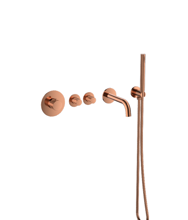 Badset inbouw deluxe met box thermostaat, muurbevestiging / doucheslang, staafhanddouche rond Brons met geribbeld knop