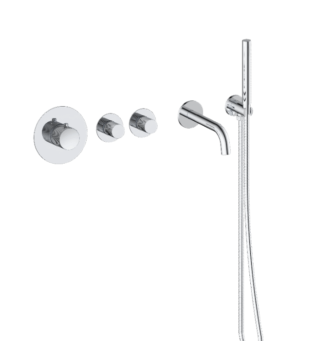 Badset inbouw deluxe met box thermostaat, muurbevestiging / doucheslang, staafhanddouche rond Chroom met geribbeld knop