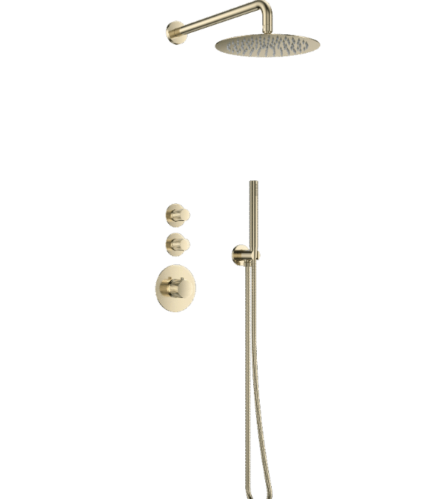 Doucheset inbouw deluxe met box thermostaat, muurbevestiging / douchekop 30 cm rond Goud Geborsteld met geribbeld knop