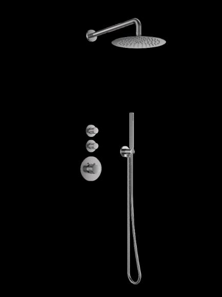 Doucheset inbouw deluxe met box thermostaat, muurbevestiging / douchekop 30 cm rond Gun Metal met geribbeld knop