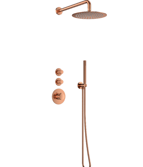 Doucheset inbouw deluxe met box thermostaat, muurbevestiging / douchekop 30 cm rond Brons met geribbeld knop
