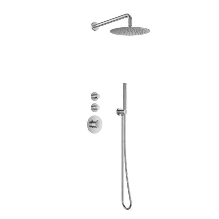 Doucheset inbouw deluxe met box thermostaat, muurbevestiging / douchekop 25 cm rond RVS met geribbeld knop (copia)