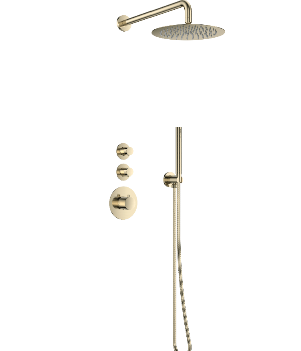 Doucheset inbouw deluxe met box thermostaat, muurbevestiging / douchekop 30 cm rond Goud Geborsteld