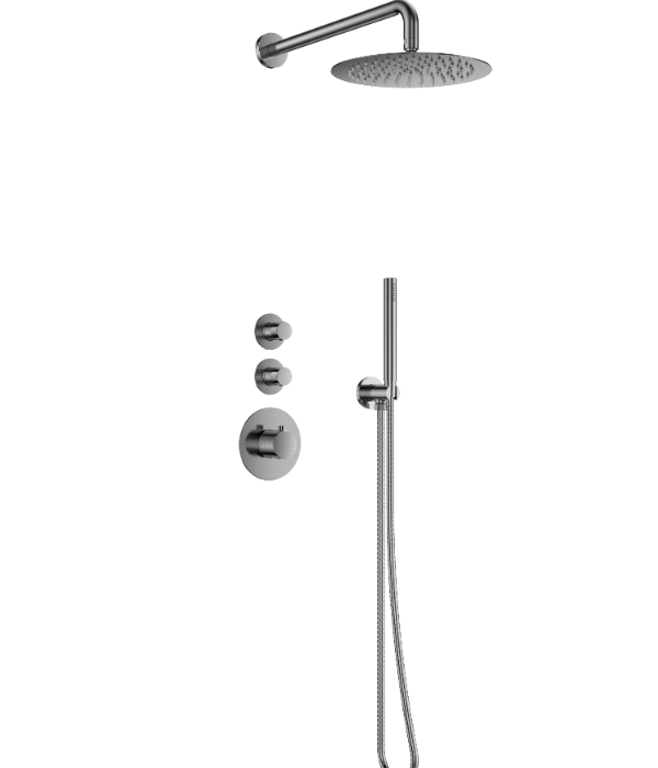 Doucheset inbouw deluxe met box thermostaat, muurbevestiging / douchekop 30 cm rond Gun Metal