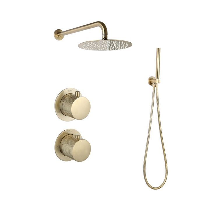 Doucheset inbouw met box thermostaat, muurbevestiging / afwerkringen / douchekop 30 cm rond Goud Geborsteld