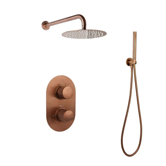 Doucheset inbouw met box thermostaat, muurbevestiging / douchekop 30 cm rond Brons met geribbeld knop