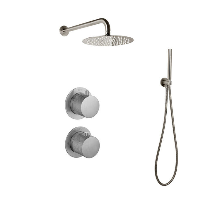 Doucheset inbouw met box thermostaat, muurbevestiging / afwerkringen / douchekop 30 cm rond Gun Metal met geribbeld knop