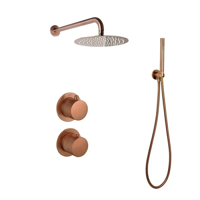 Doucheset inbouw met box thermostaat, muurbevestiging / afwerkringen / douchekop 30 cm rond Brons met geribbeld knop