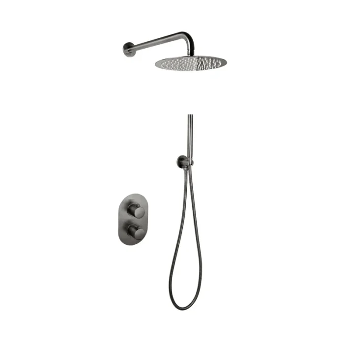 Doucheset inbouw met box thermostaat, muurbevestiging / douchekop 30 cm rond Gun Metal
