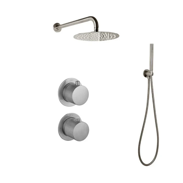 Doucheset inbouw met box thermostaat, muurbevestiging / afwerkringen / douchekop 30 cm rond Gun Metal