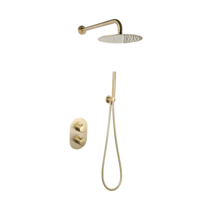 Doucheset inbouw met box thermostaat, muurbevestiging / douchekop 30 cm rond Goud Geborsteld met geribbeld knop