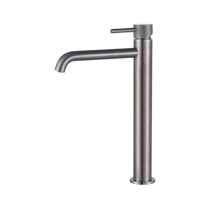 Wastafelmengkraan Slimline hoog rond Gun Metal met geribbeld knop